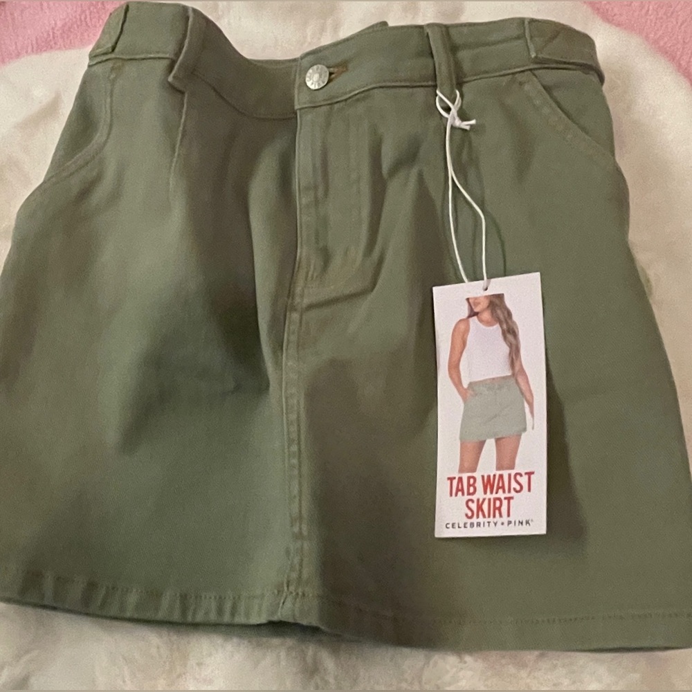 Celebrity Pink Olive Green Mini Skirt Tab Waist